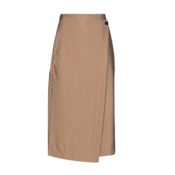 NWT Vince Wrap Midi Skirt Womens 0 Camel Tan Khaki Straight Gold Button NEW - Picture 1 of 15